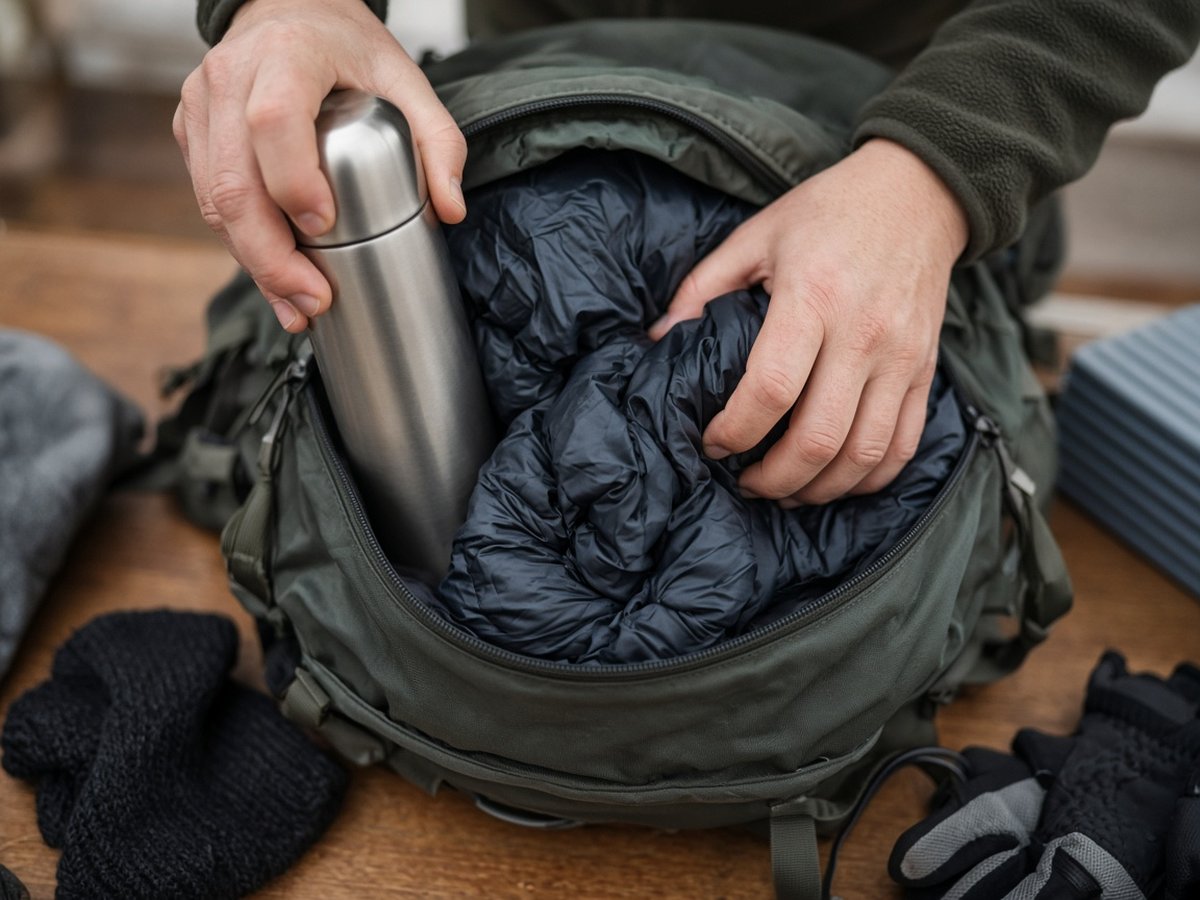 Rucksack im Winter richtig packen Thermoskanne und Daunenjacke werden in einen Wanderrucksack gepackt