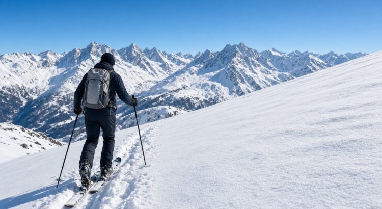 Skitourengeher mit Rucksack beim Aufstieg an einem verschneiten Hang, von hinten