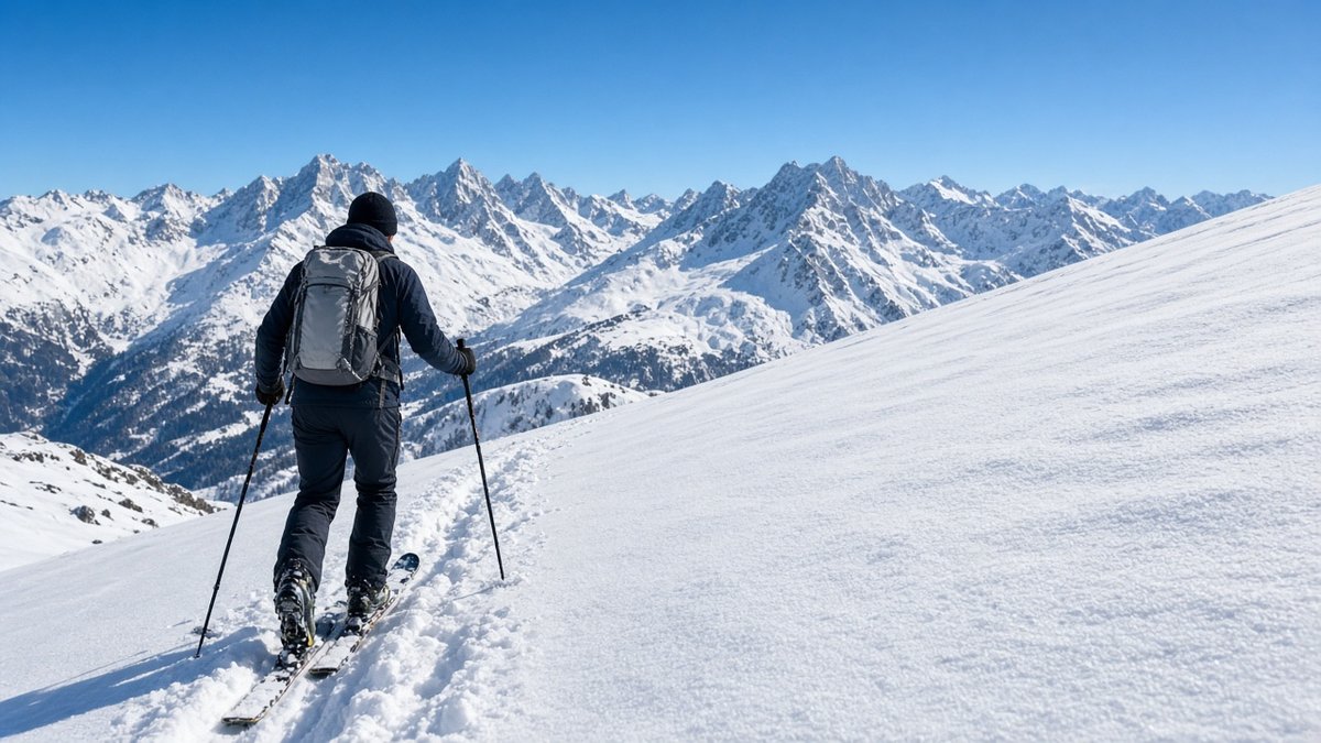 Rucksack auf der Skitour im Aufstieg Skitourengeher mit Rucksack beim Aufstieg an einem verschneiten Hang, von hinten
