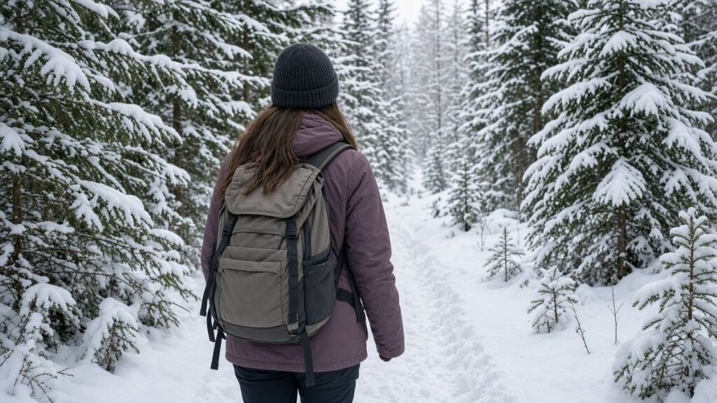 Wanderin mit Rucksack auf einem verschneiten Weg in einer Winterlandschaft, von hinten