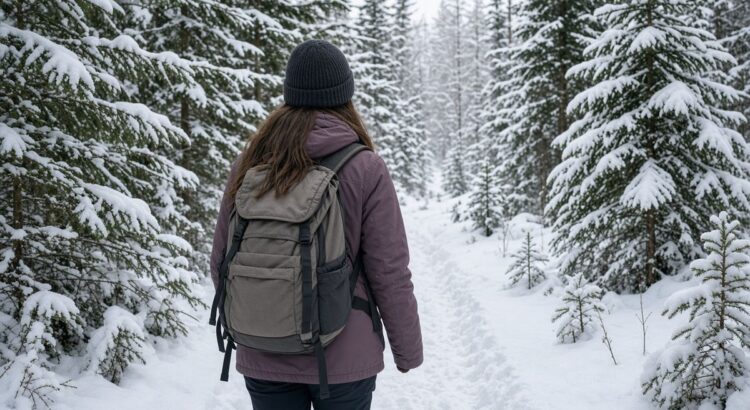Wanderin mit Rucksack auf einem verschneiten Weg in einer Winterlandschaft, von hinten