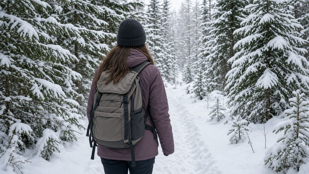 Mit dem Rucksack auf Wintertour Wanderin mit Rucksack auf einem verschneiten Weg in einer Winterlandschaft, von hinten