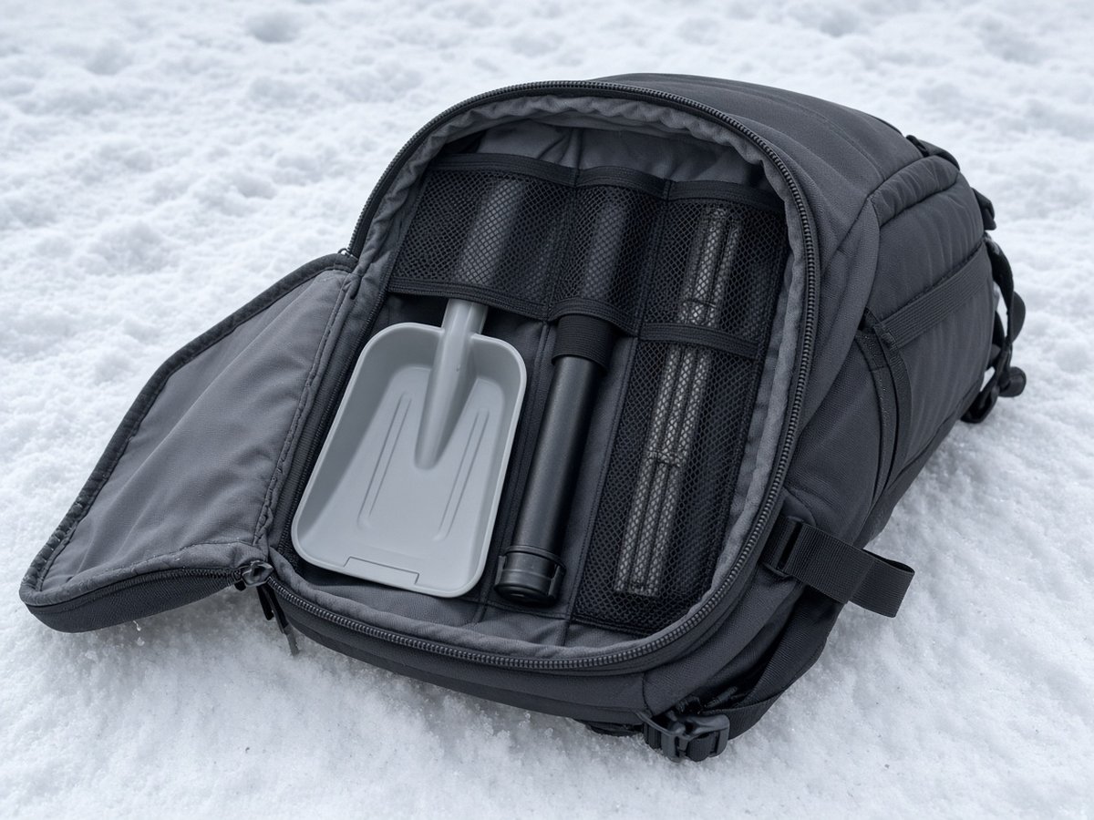 Lawinenfach im Skitourenrucksack Geöffnetes Lawinenfach eines Skitourenrucksacks mit Schaufel und Sonde
