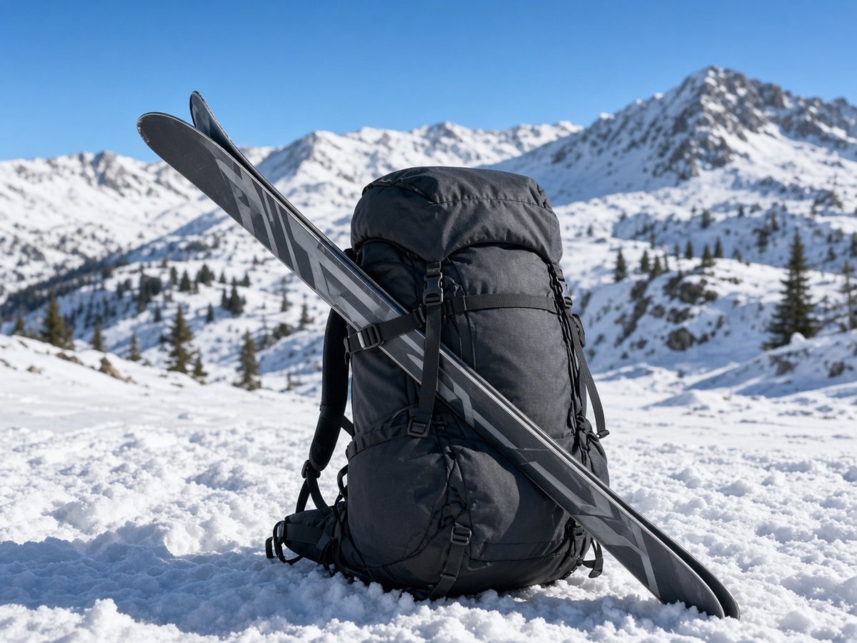Ski diagonal am Skitourenrucksack befestigt Skitourenrucksack mit diagonal befestigten Ski im Schnee