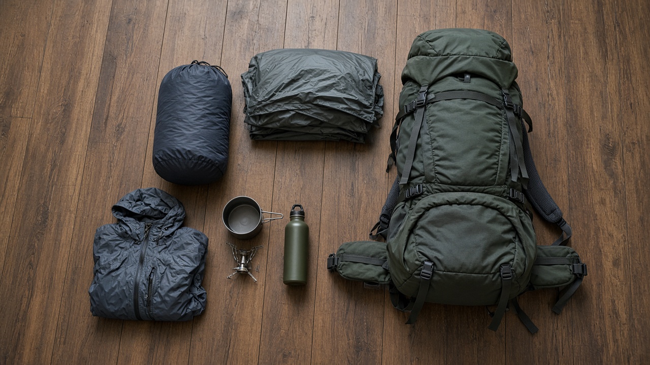 Ausrüstung für einen 60-Liter-Trekkingrucksack Ausrüstung für eine Mehrtagestour mit Zelt, Schlafsack und Kocher neben einem 60-Liter-Rucksack