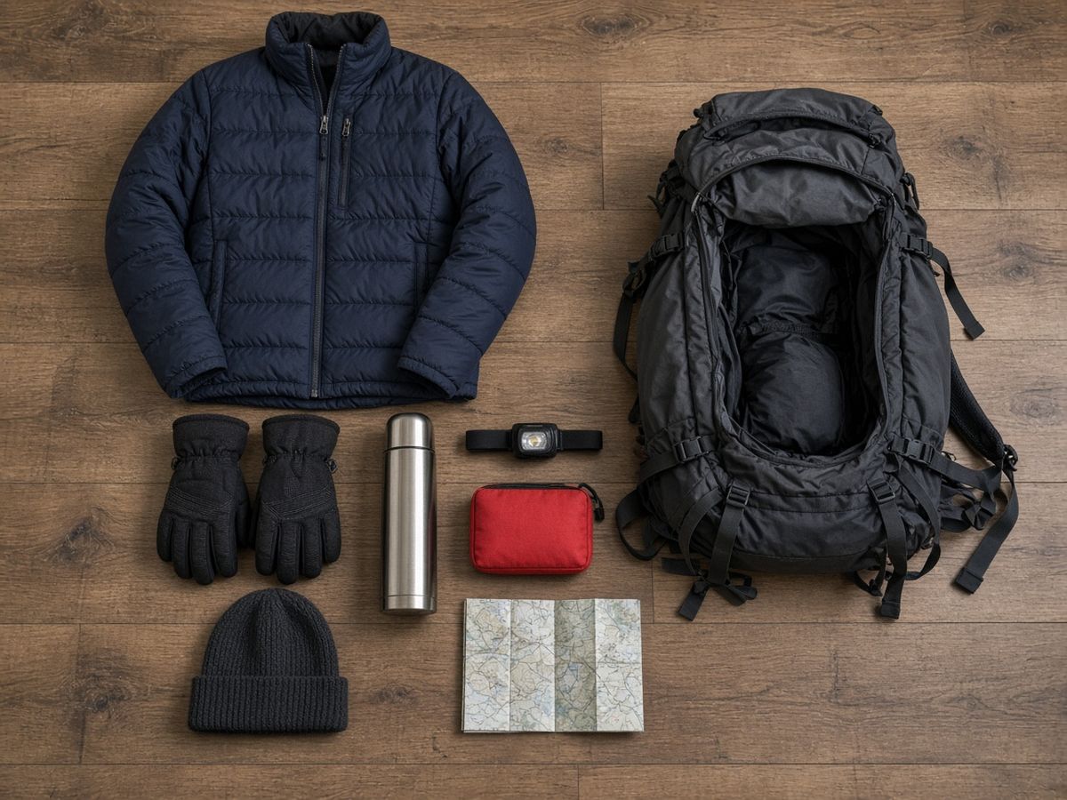 Packliste für die Wintertour Ausrüstung für eine Wintertour ausgebreitet neben einem Rucksack: Jacke, Handschuhe, Thermoskanne, Stirnlampe